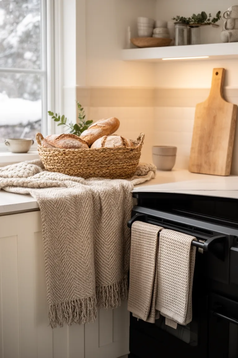 Layered winter kitchen textures with an oatmeal runner, seagrass basket and waffle towels