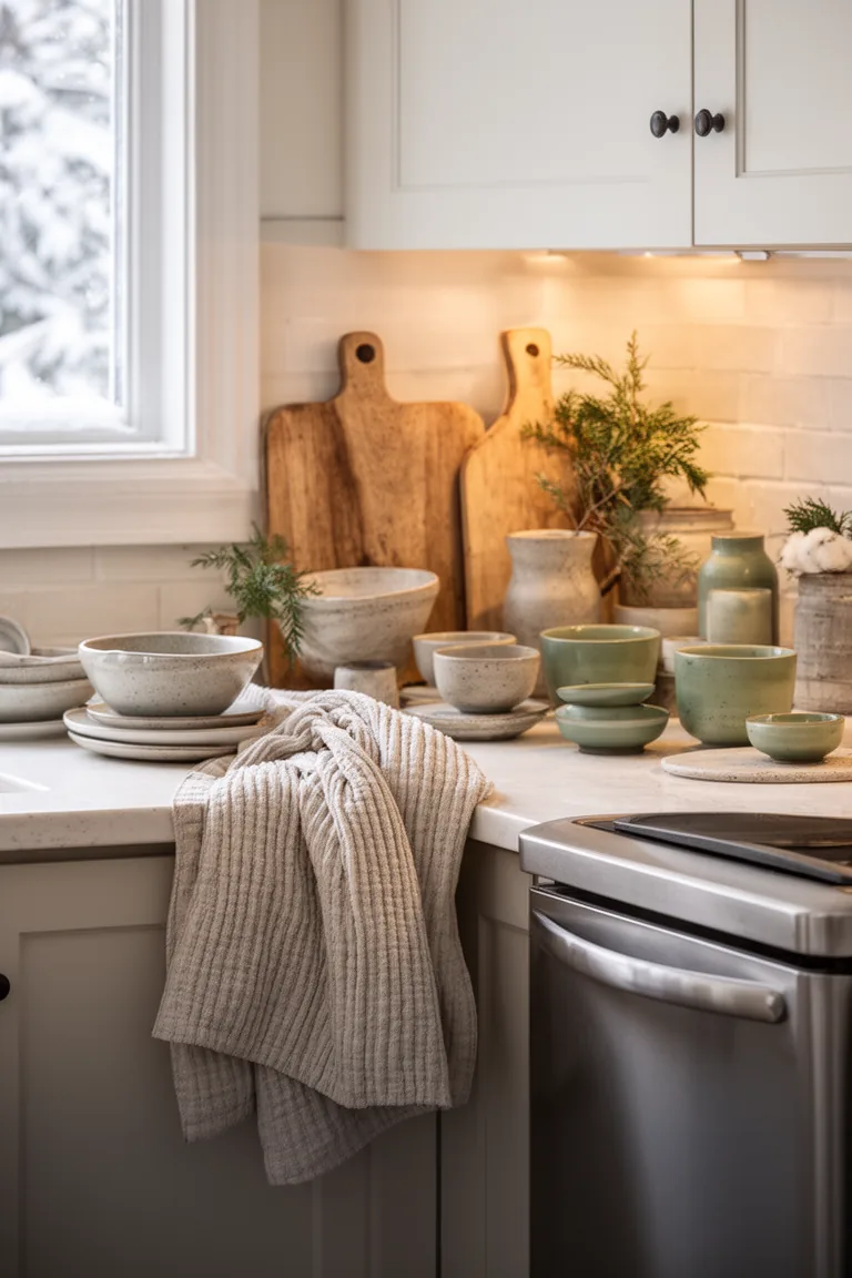 Cozy winter kitchen mixing matte stoneware, a wood board and ribbed linen towels