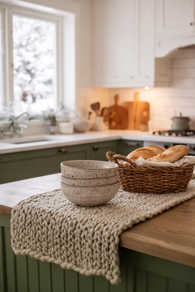 Serene kitchen counter with a cotton runner, speckled bowls and a woven basket