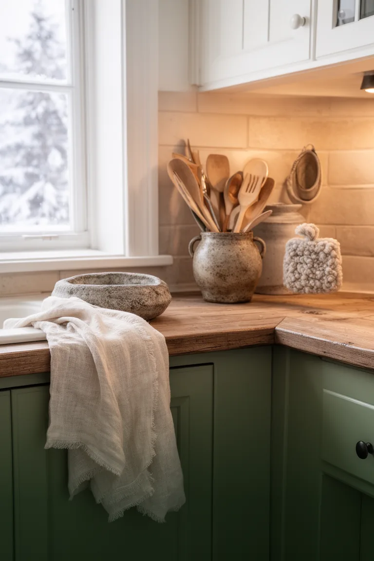 Tactile winter kitchen corner with a linen towel and a stoneware utensil crock