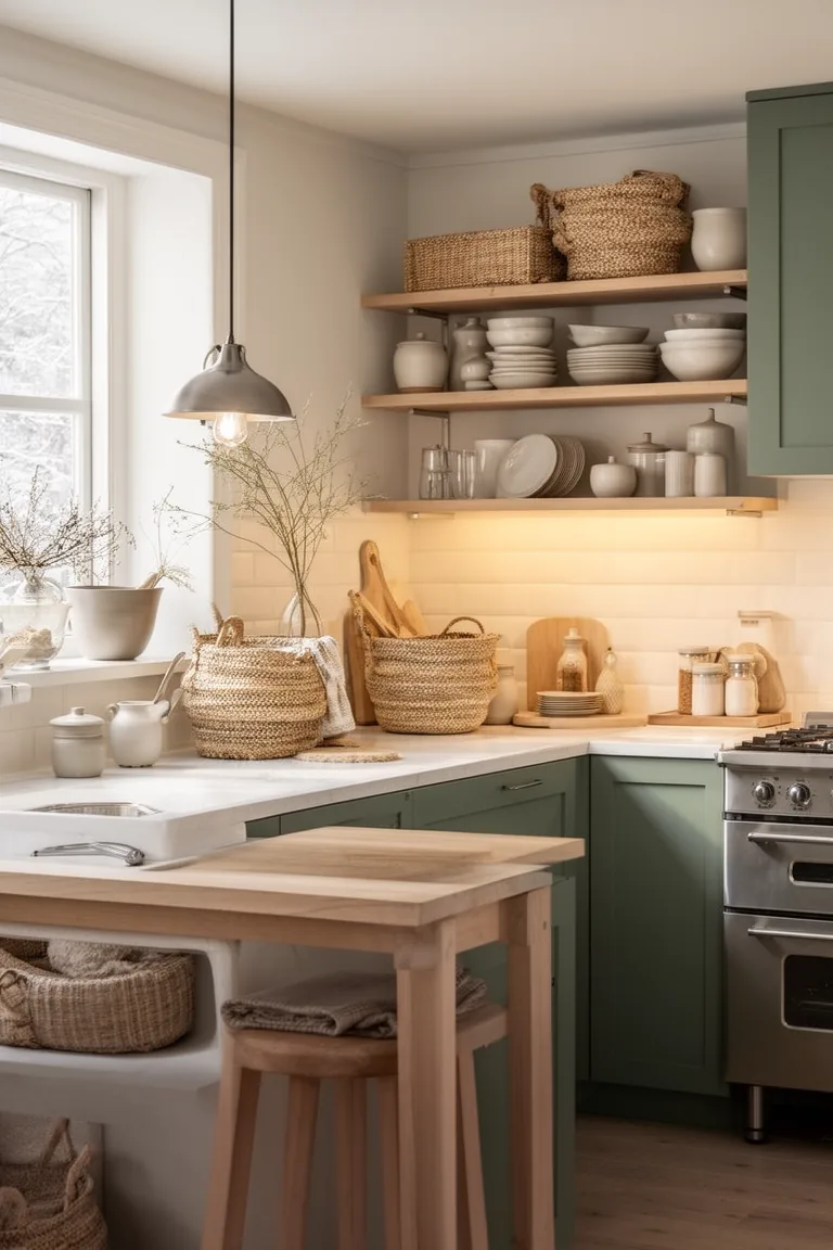 Warm layered kitchen with seagrass baskets, matte ceramic and natural wood