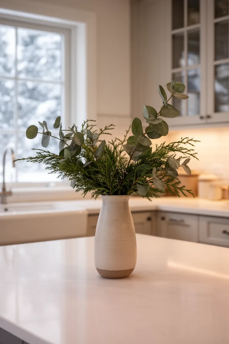 Ceramic vase of eucalyptus and cedar sprigs on a calm winter kitchen counter