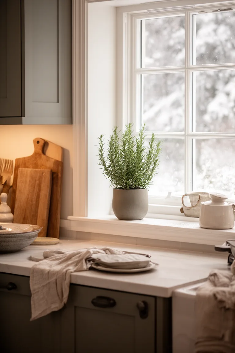 Small rosemary plant in a matte pot on a calm kitchen windowsill