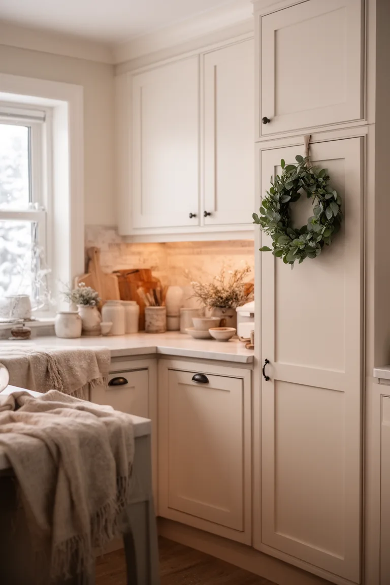 Minimalist eucalyptus greenery wreath on a cabinet door in a winter kitchen