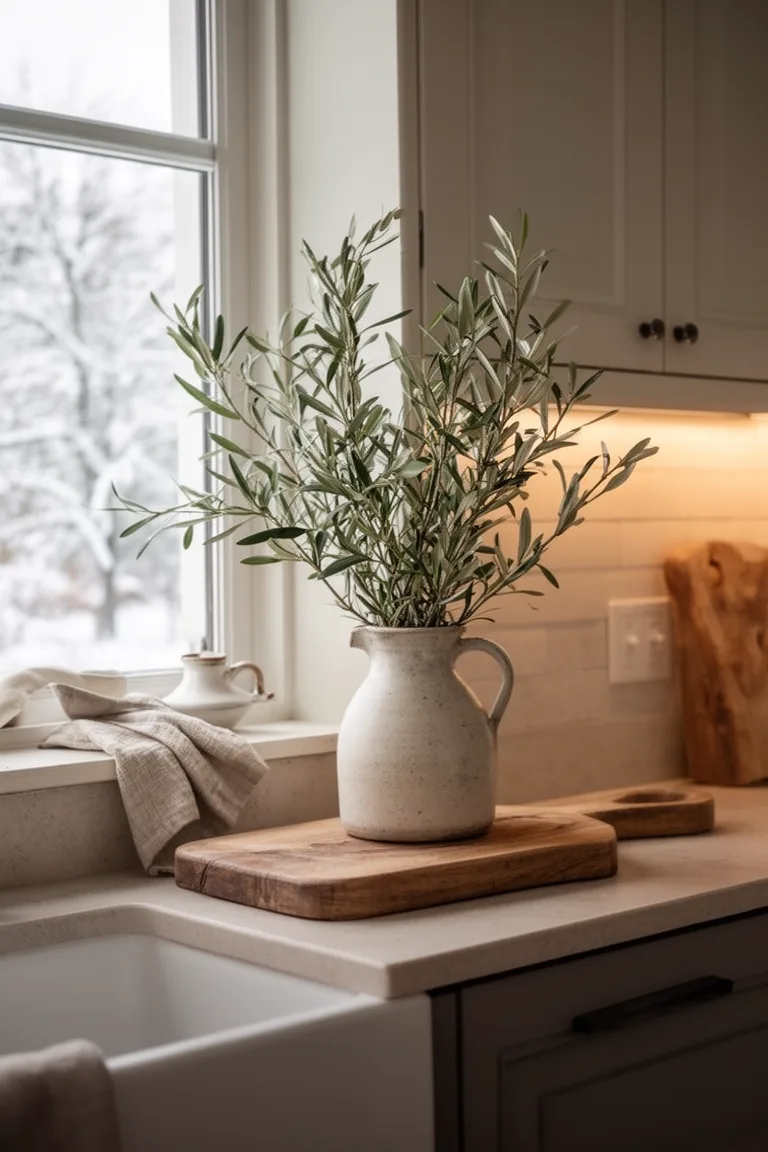 Loose olive branches in a stoneware jug beside a wood board on a neutral counter