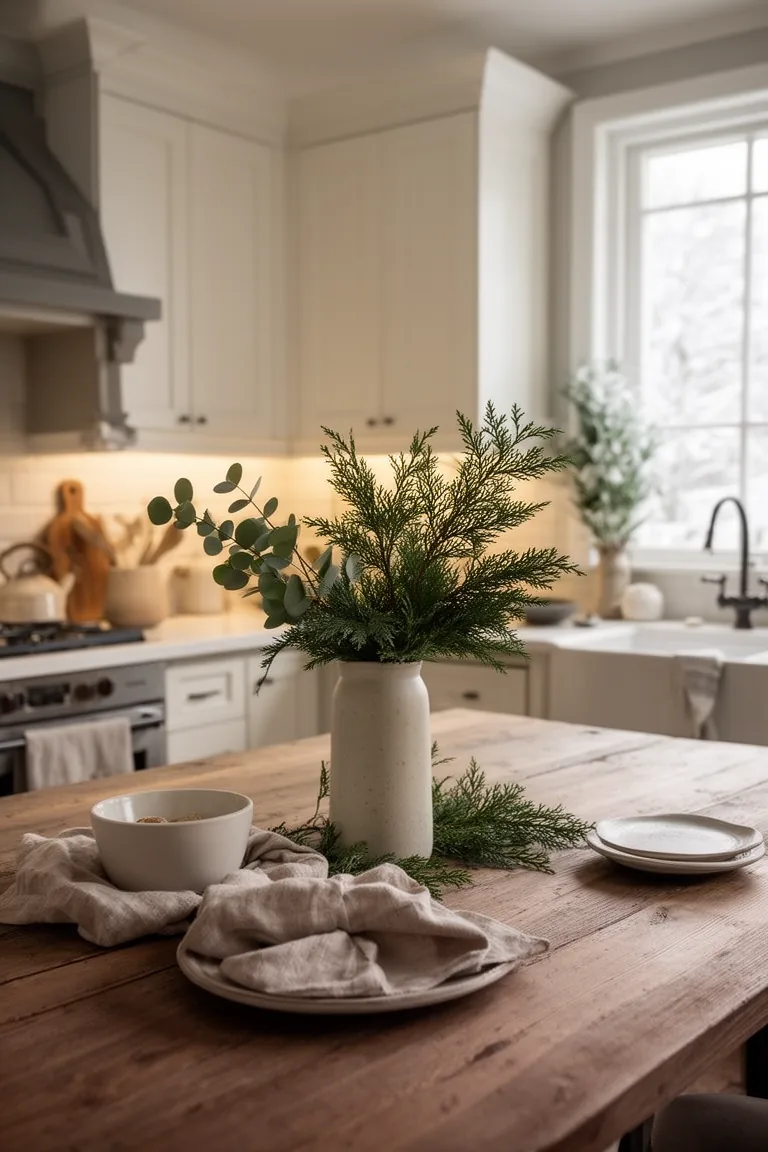 Fresh cedar and eucalyptus clippings low and loose in a simple vase
