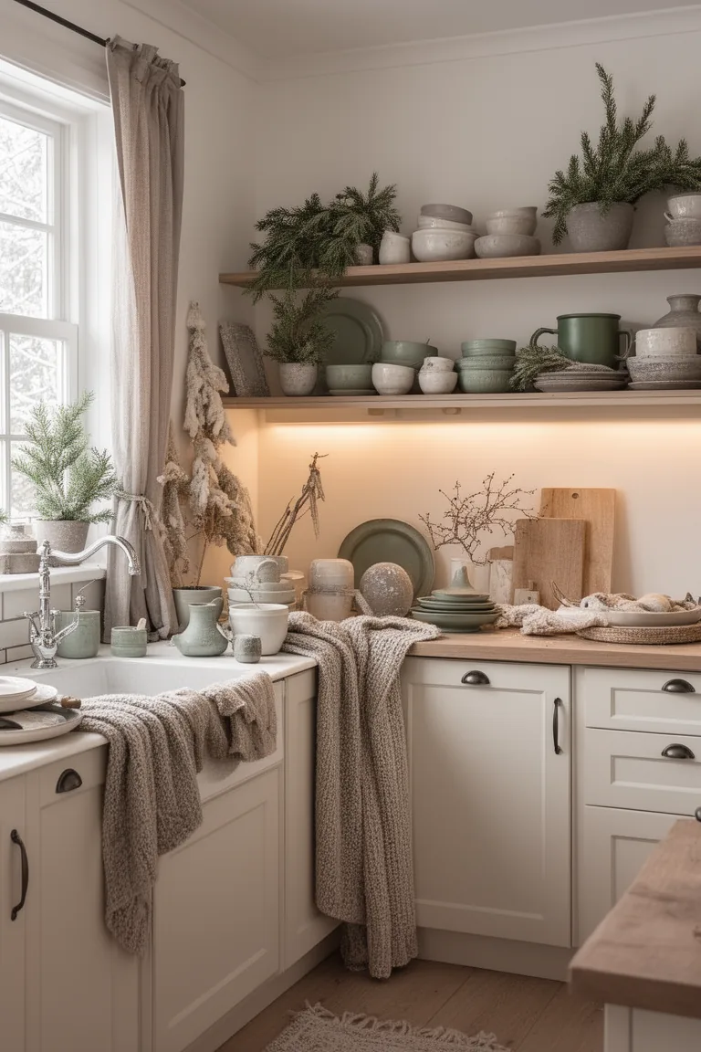Calm winter kitchen in warm white, taupe and oatmeal with muted green accents