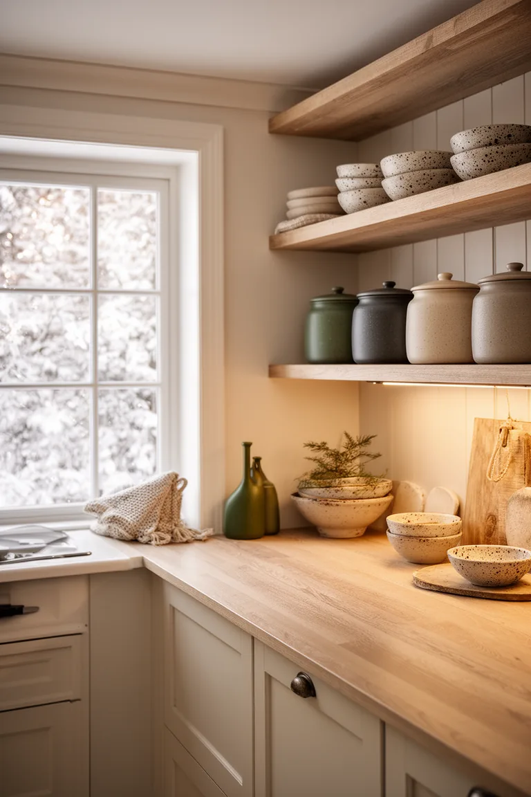 Serene kitchen with matte stoneware canisters and speckled bowls in neutrals