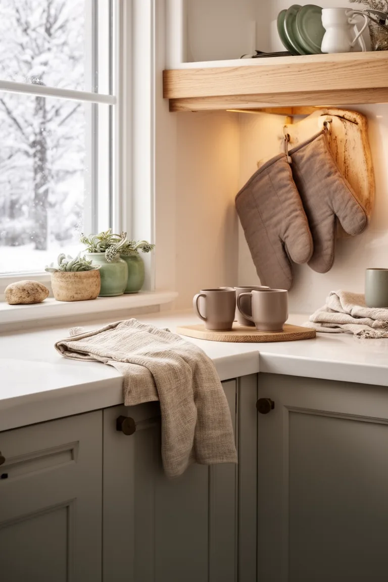 Soft neutral winter kitchen with oatmeal dishcloths, taupe mitts and matte mugs