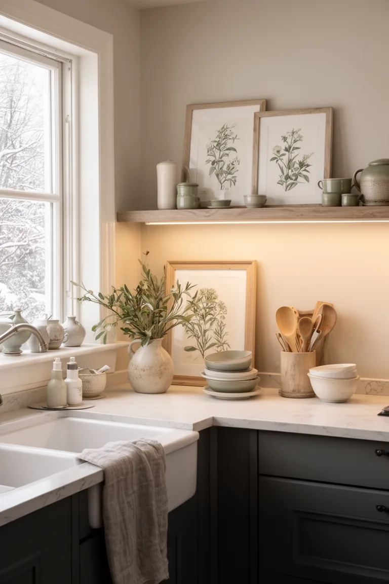 Quiet kitchen palette of warm white, soft charcoal and sage with botanical art