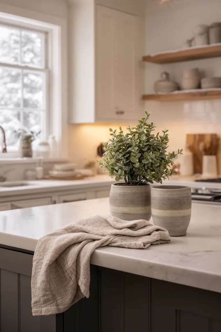 Calm edited kitchen counter in tonal neutrals with a muted green plant and stoneware