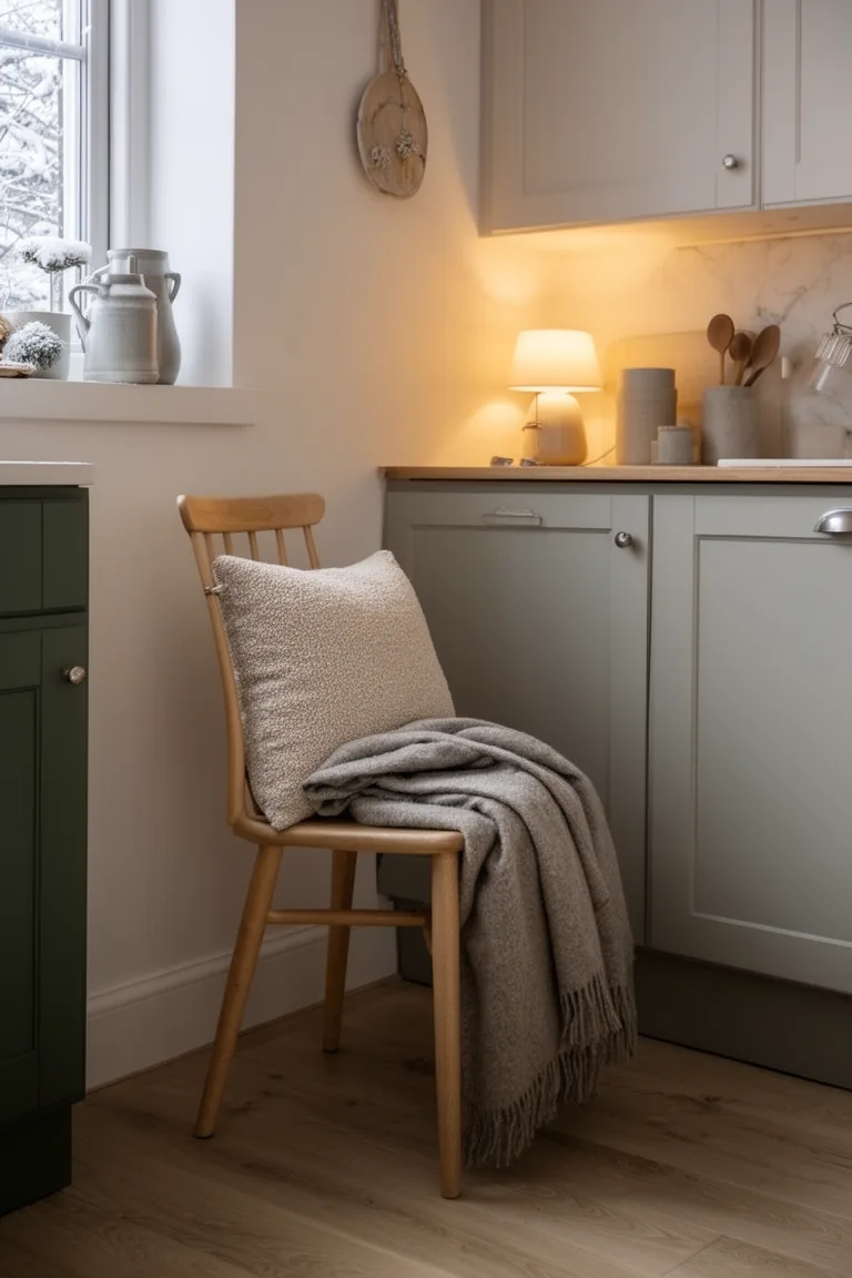 Slow-living kitchen corner with a wood chair, boucle cushion and an ambient lamp