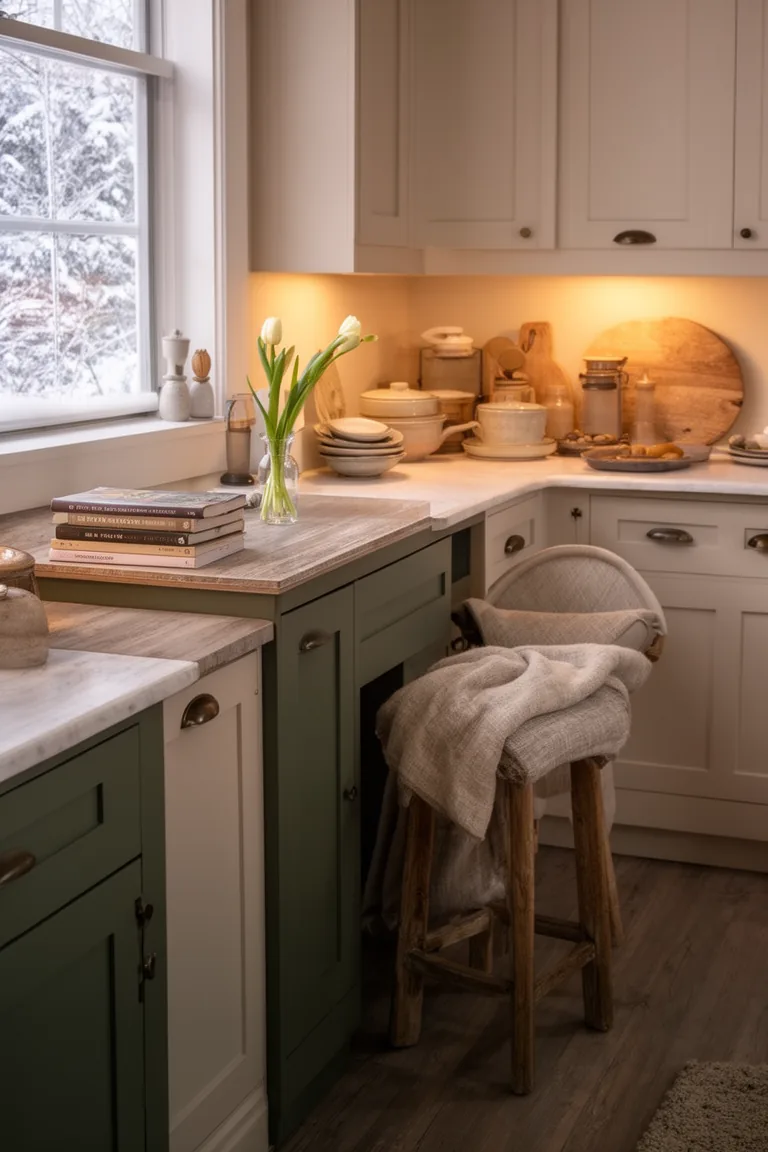 Cozy kitchen reading nook with a stool, cookbooks and a single bud vase