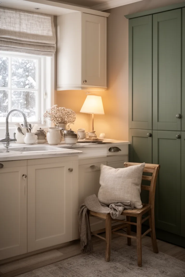 Calm kitchen pause spot with a small chair, a linen cushion and a warm lamp
