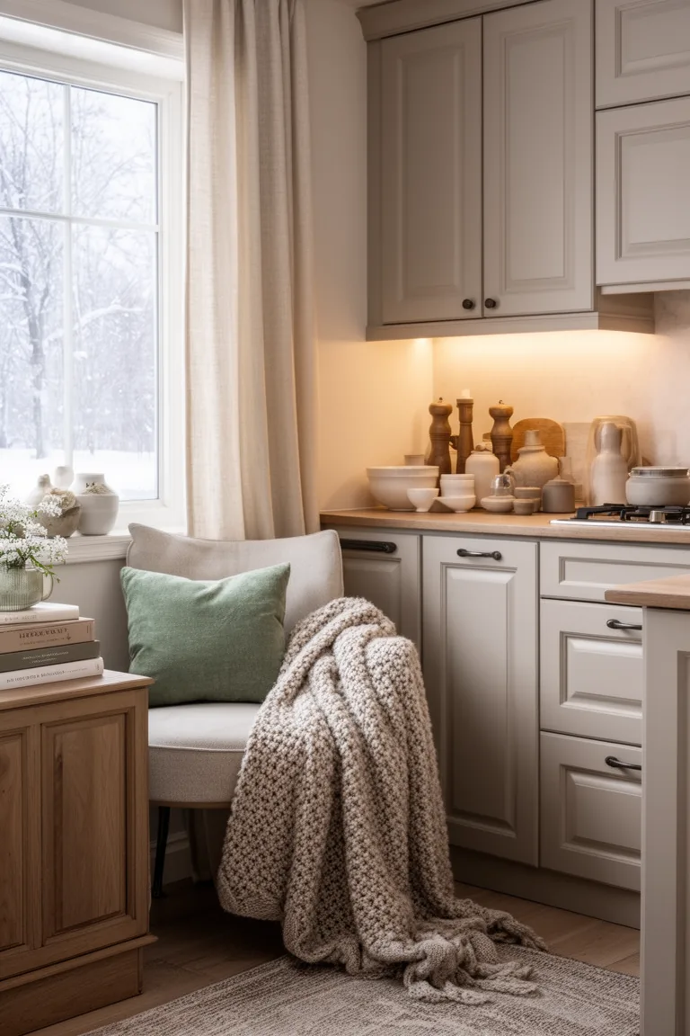 Serene corner seat in a winter kitchen with a wool throw and a stack of books