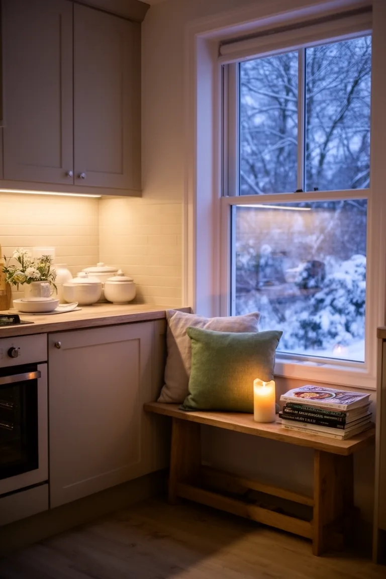 Mini kitchen seating nook with a cushion, candle and cookbooks at dusk