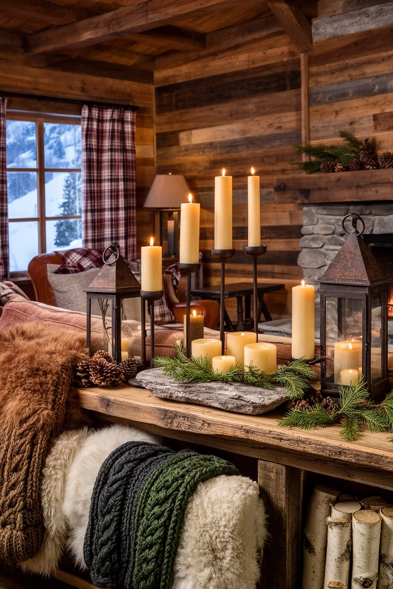Grouped pillar and taper candles on a rustic wood console with cedar sprigs