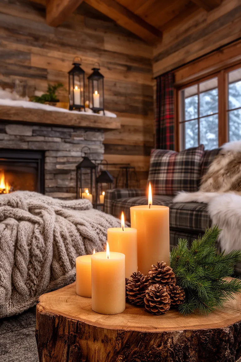 Flickering pillar candles of varied heights on a live-edge wood slab