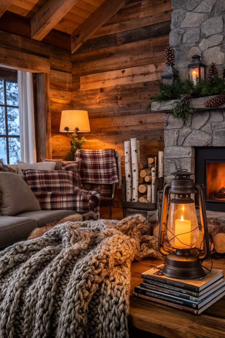 Iron lantern glowing on a cabin side table beside books and a wool blanket