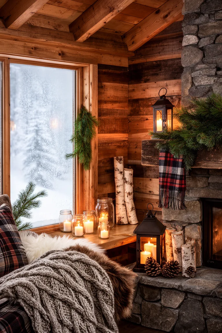 Votive candles in jars on a frosted cabin windowsill with fir sprigs