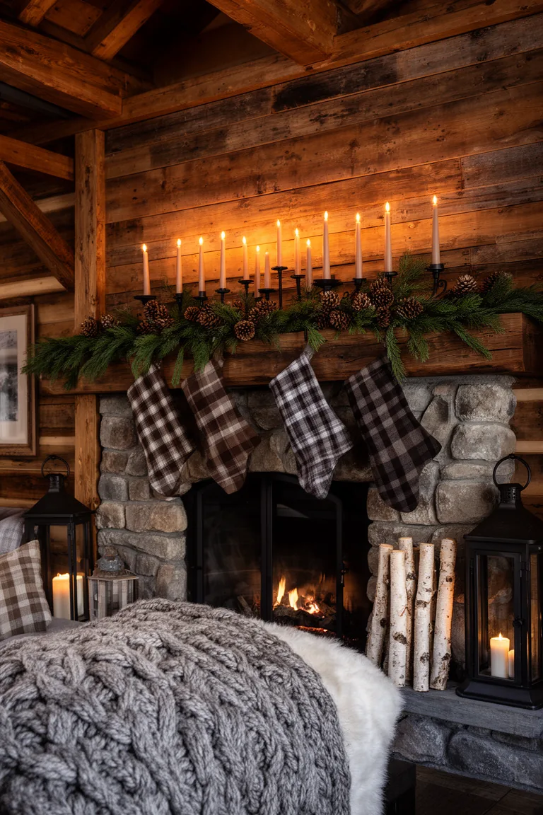 Row of taper candles in iron holders on a moody cabin mantel with cedar garland