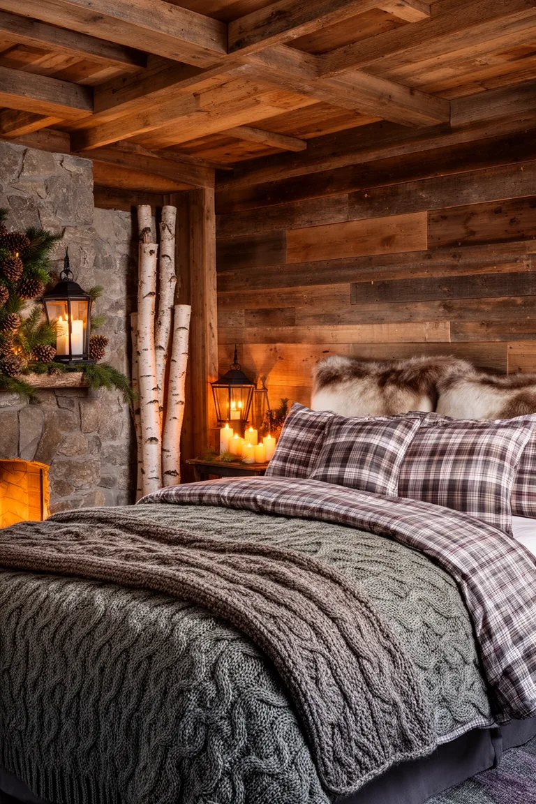 Cabin bed layered with plaid flannel sheets, quilt and lofty duvet in a wood-walled room