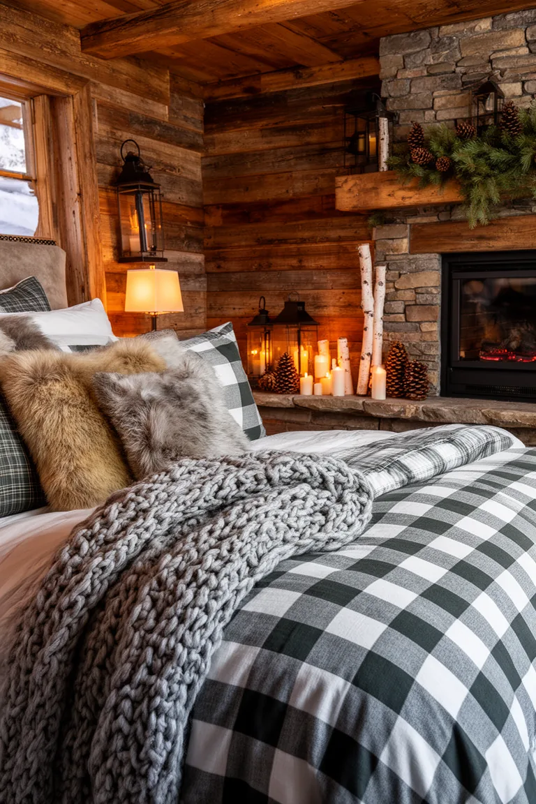 Folded chunky knit throw and buffalo-check quilt at the foot of a cabin bed