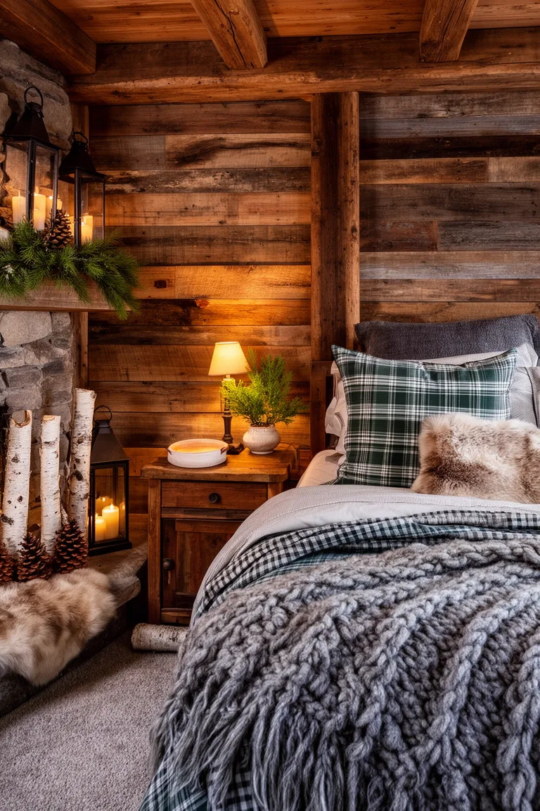 Rustic nightstand with a small lamp, ceramic dish and greenery beside a layered bed