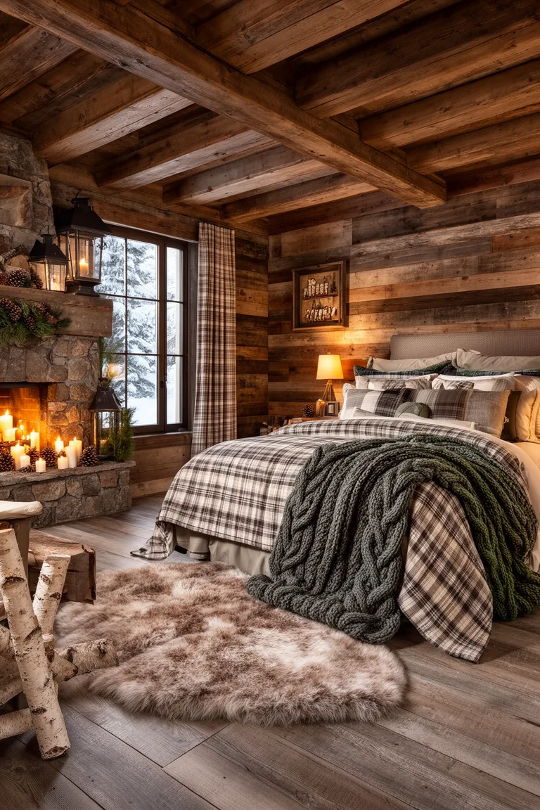 Wide cabin bedroom with a layered plaid bed, exposed beams and a sheepskin rug