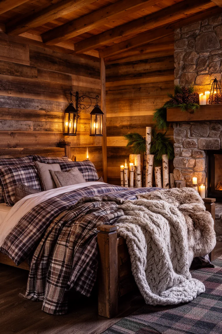 Calm cabin bed corner with flannel bedding and a wool plaid throw over a wood footboard