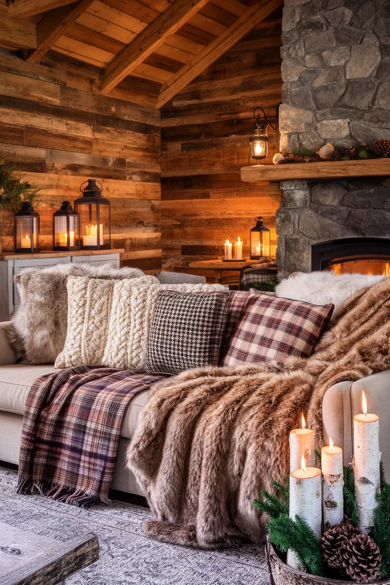 Wool plaid and faux fur throws layered with plaid pillows on a cabin sofa