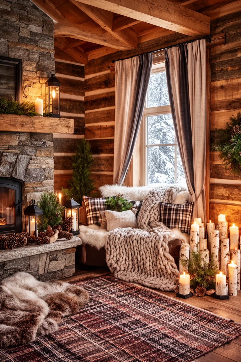 Lined velvet curtains framing a frosty cabin window above a thick runner rug
