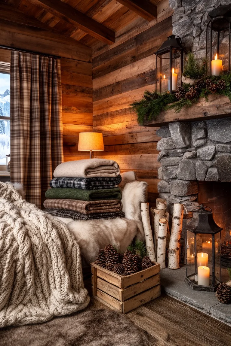 Folded flannel and wool blankets in a wooden crate beside a stone fireplace