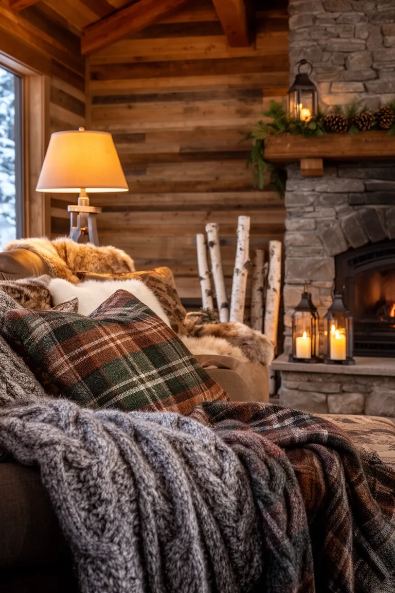 Closeup of flannel plaid throw and felted wool pillow in warm lamplight
