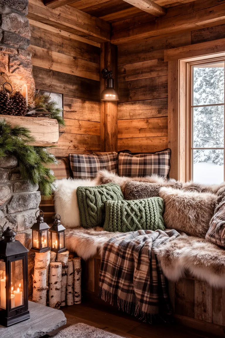 Cabin window seat piled with faux fur and knit pillows and a wool plaid blanket