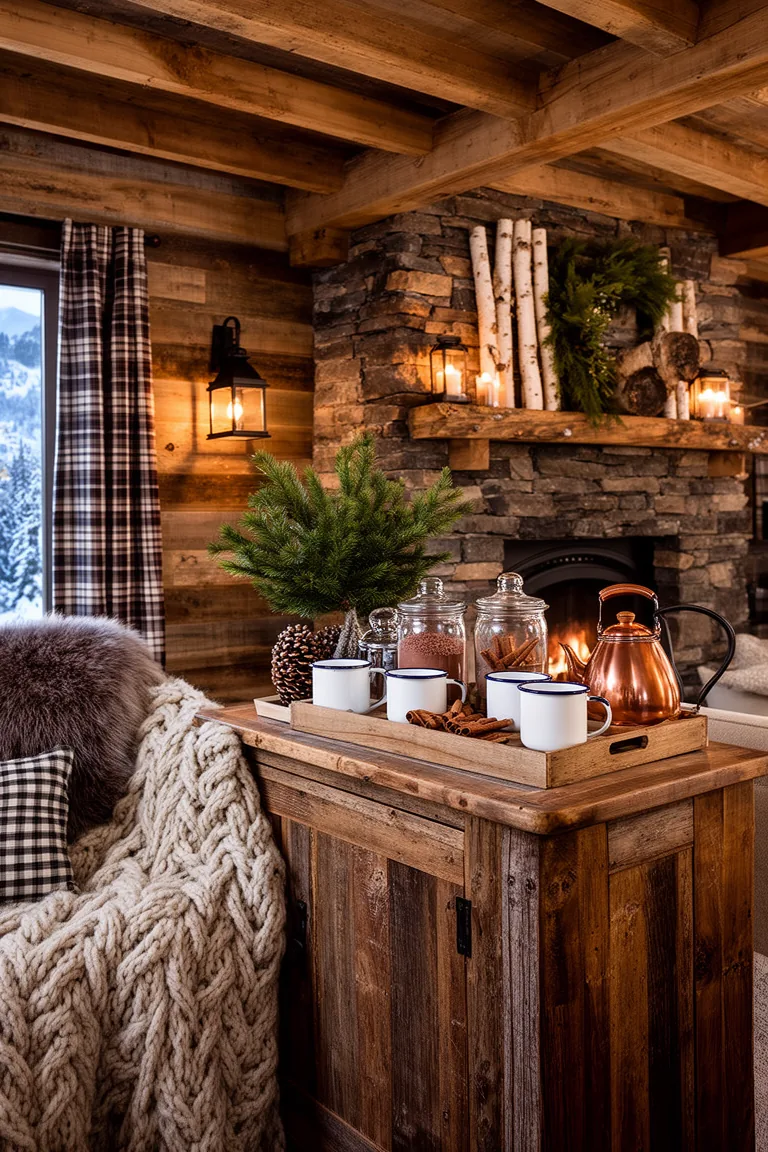 Rustic hot drink station on a wood sideboard with enamel mugs and a copper kettle