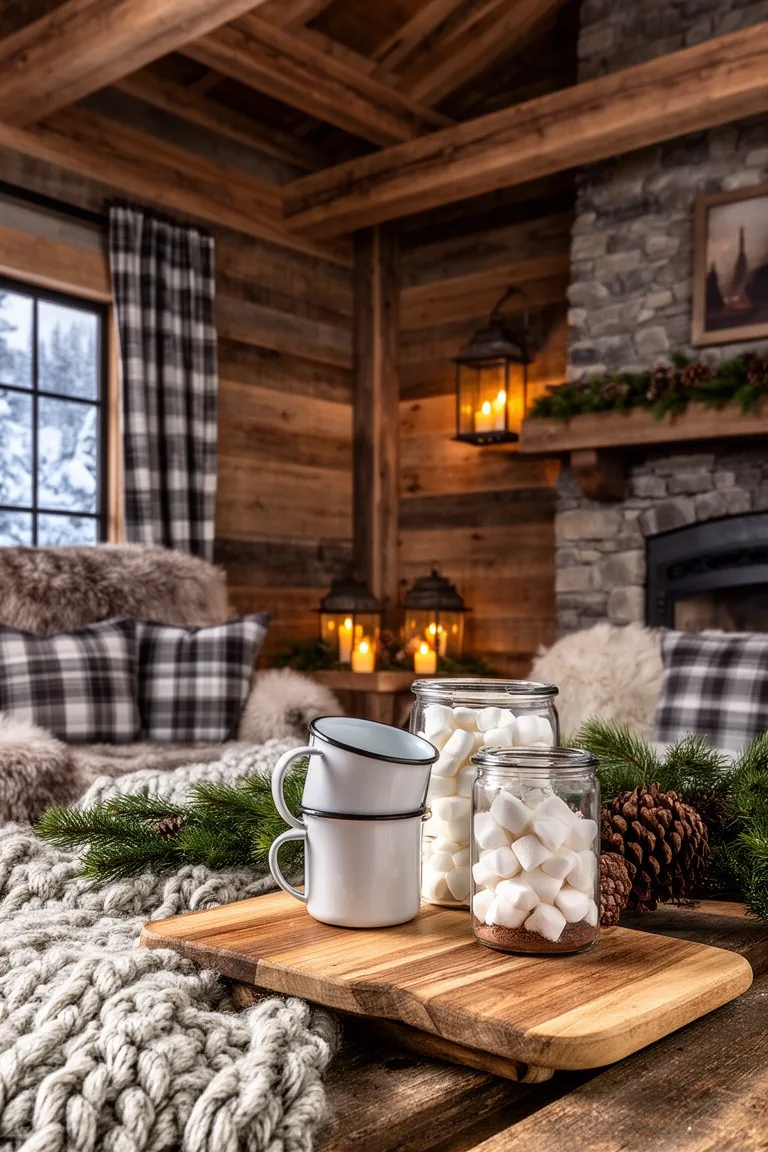 Enamel mugs stacked beside jars of marshmallows and cocoa on a wood board