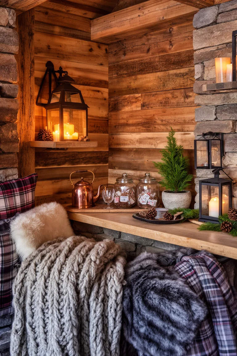 Cozy counter drink nook with copper kettle, tea jars and a small evergreen
