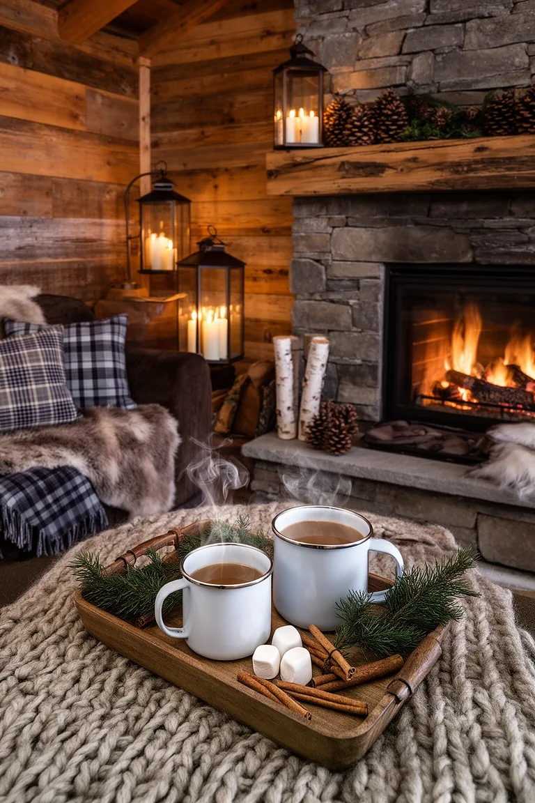 Overhead wood tray with steaming enamel mugs, cinnamon sticks and a fir sprig