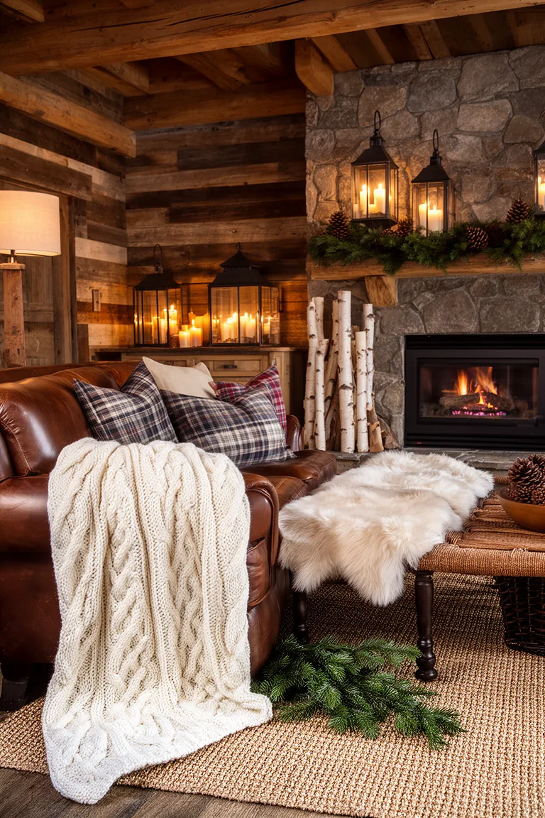Chunky cable-knit throw and sheepskin layered on a leather sofa in a rustic cabin living room