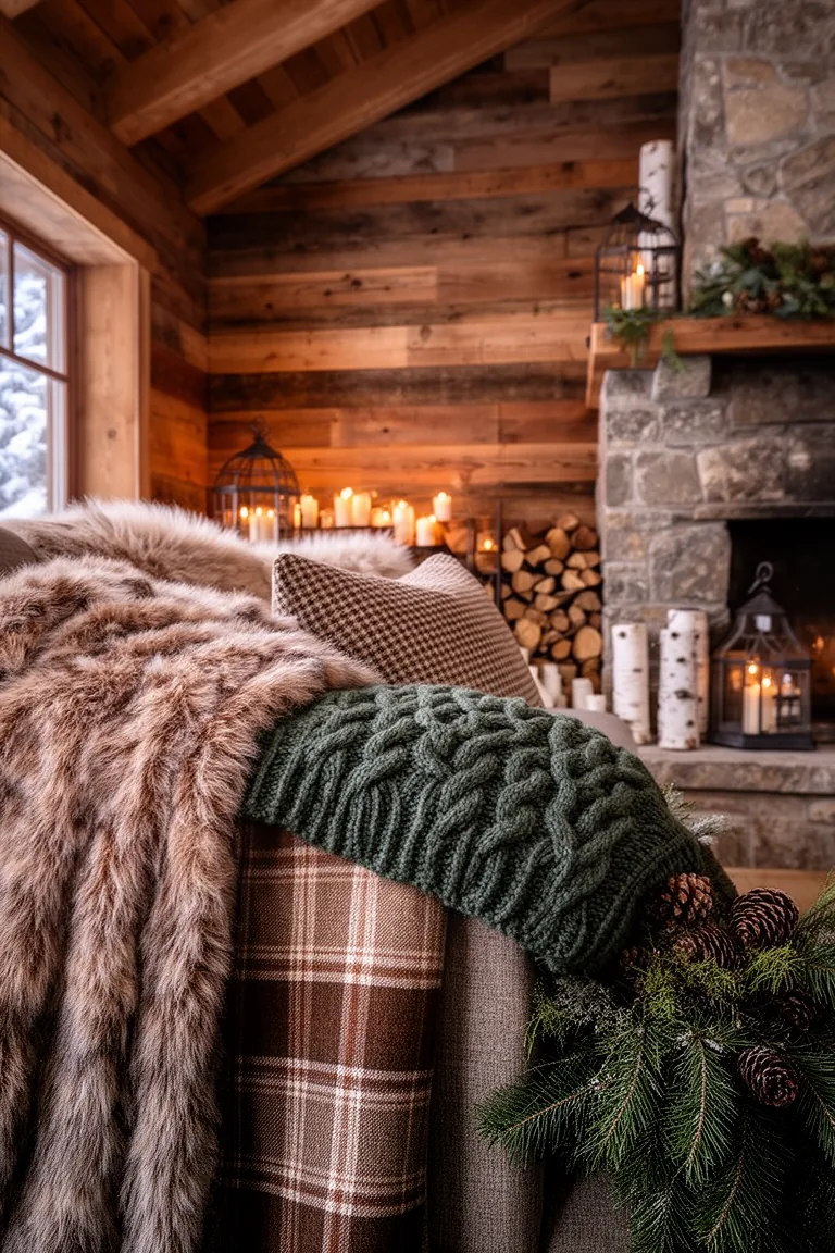 Faux fur and wool plaid blankets folded over a cabin sofa arm