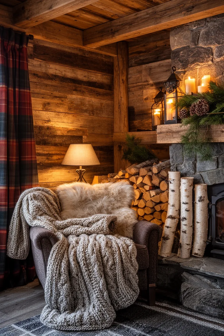 Wool armchair layered with sheepskin and knit throw beside birch logs