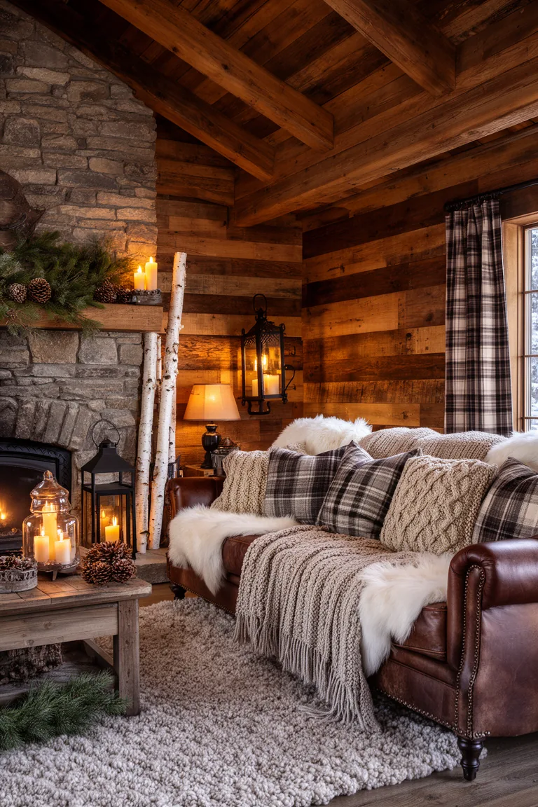 Layered plaid and neutral textiles over a leather sofa in a beamed cabin room