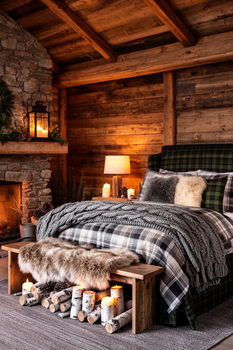 Wood bench layered with buffalo-check and faux fur throws in a cabin bedroom