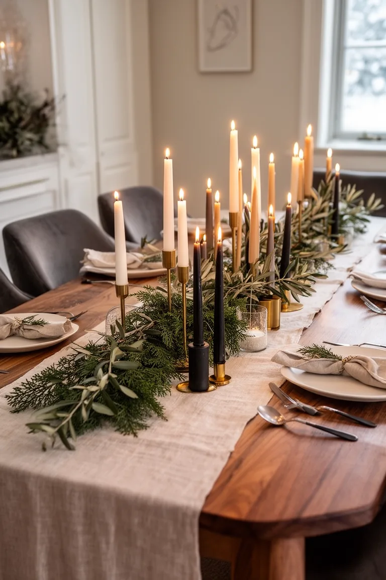 Dining table with clustered taper candles in mixed brass and black holders