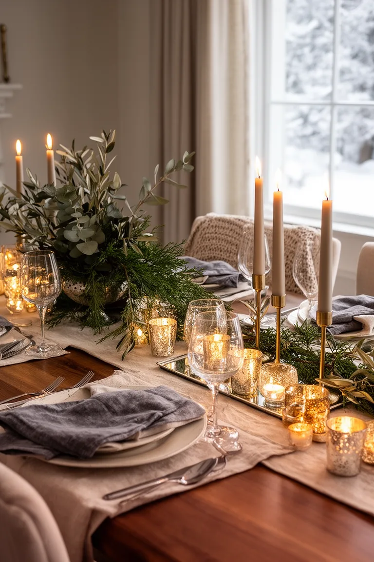 Tealights in mercury glass votives with a mirrored tray on a winter table
