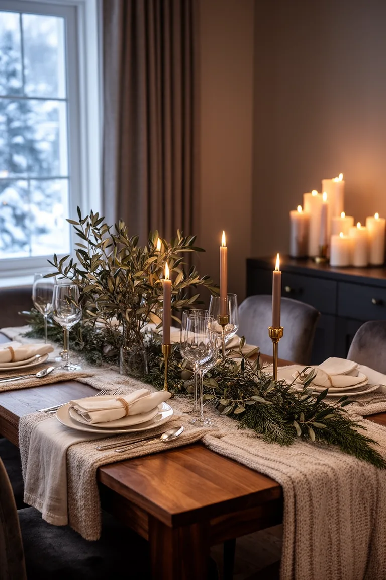 Varied-height pillar candles on a sideboard in a cozy evening dining room