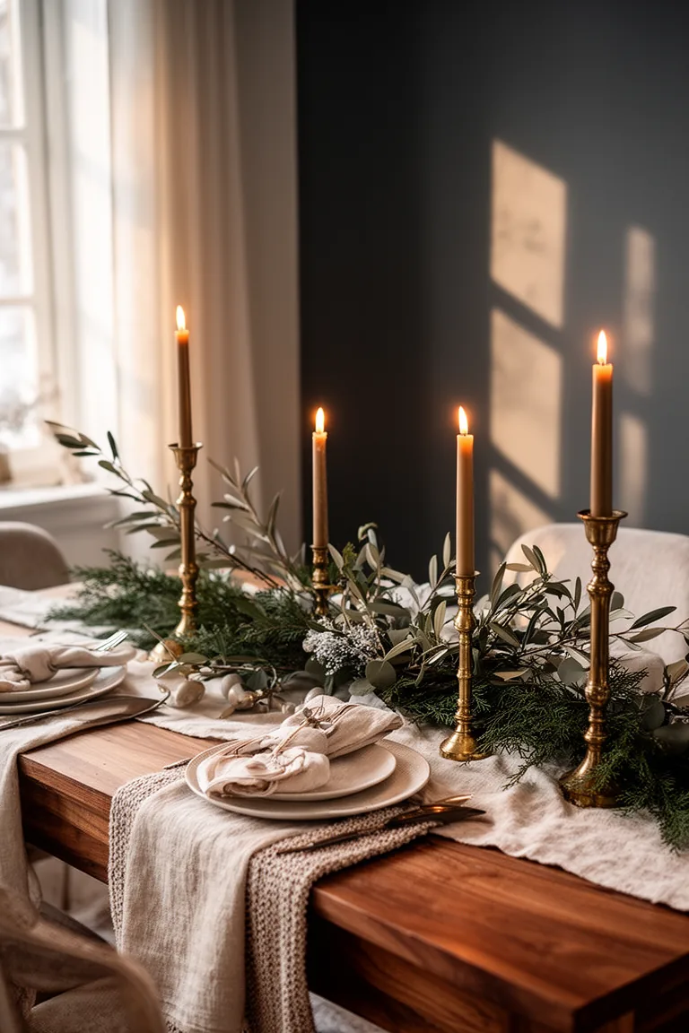 Closeup of taper candle flames in antique brass candlesticks against a dark wall