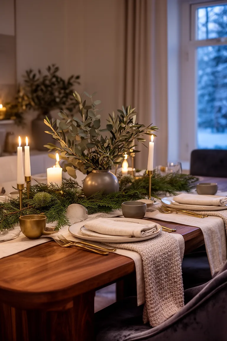 Winter dining table at dusk lit by candlelight with greenery and ceramics