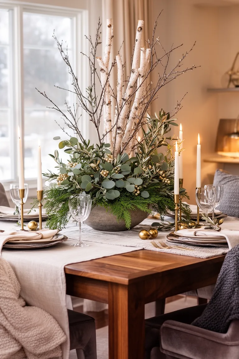 Low centerpiece of eucalyptus, cedar and birch branches on a dining table